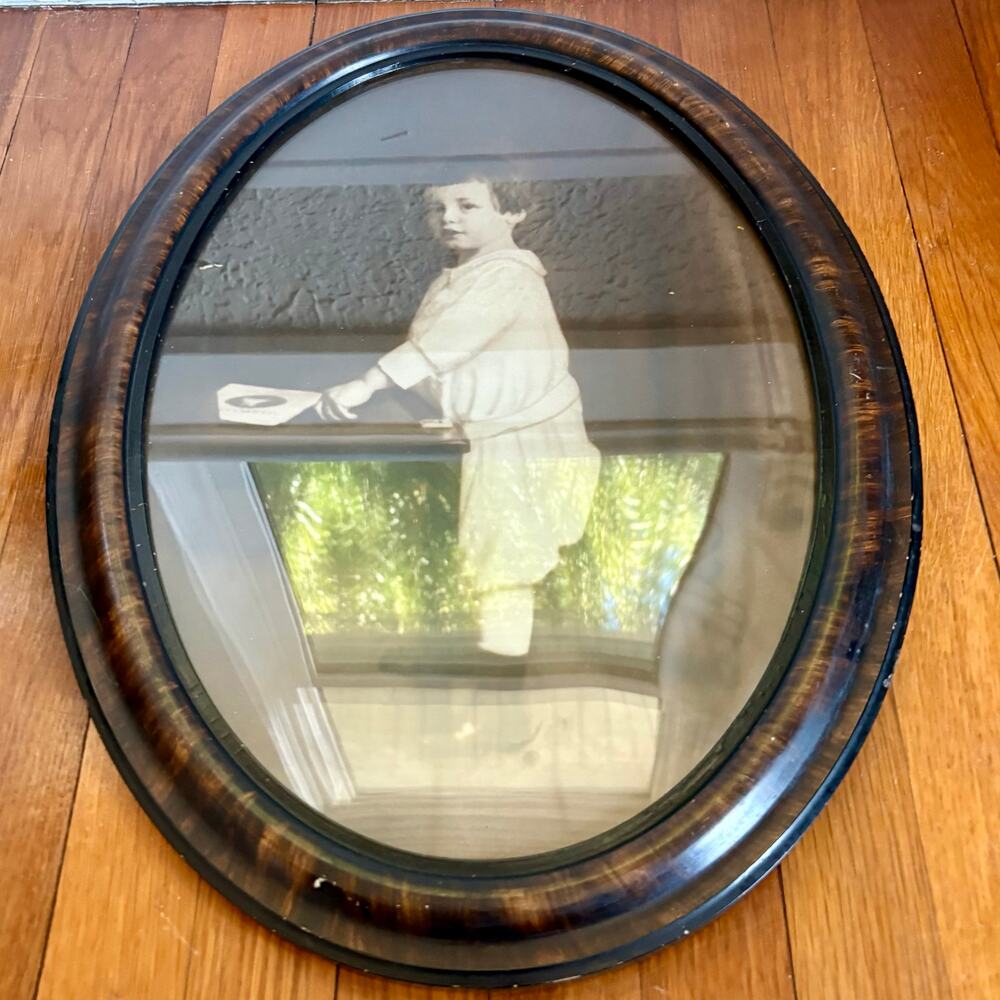 Antique Oval Child Portrait Tiger Oak Frame Sepia Photo 22.5